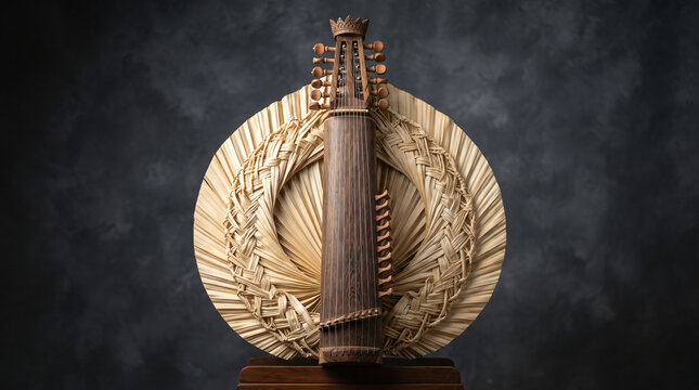Traditional Indonesian sasando string instrument made of lontar palm leaf fan and carved wood against a dark backdrop indoor studio shot