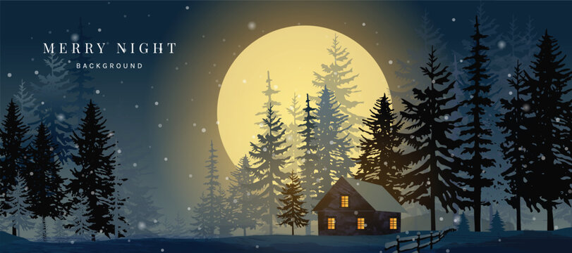Christmas Night Winter background vector. Happy New Year season greeting with house, pine tree, reindeer and snowfall. Background design for invitation, cards, social post, cover, sale banner, ads.