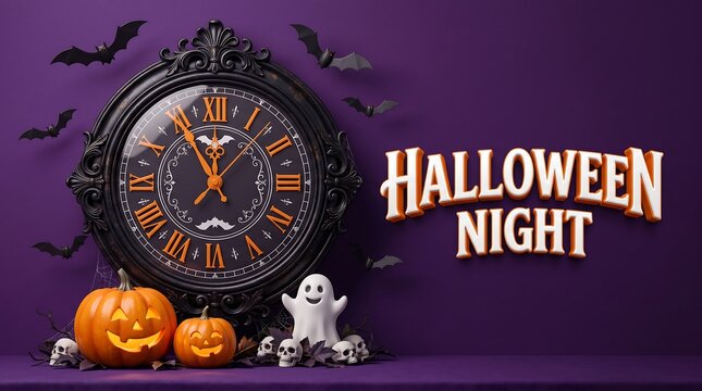Halloween night banner design with antique clock pumpkins ghost and bats on purple background holiday typography spooky time 3D render digital art graphic design still life pumpkins 3D render