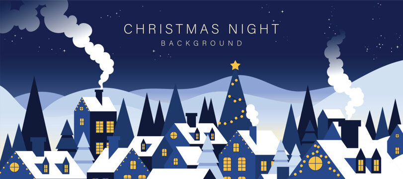 Christmas Night Winter background vector. Happy New Year season greeting with house, pine tree, reindeer and snowfall. Background design for invitation, cards, social post, cover, sale banner, ads.
