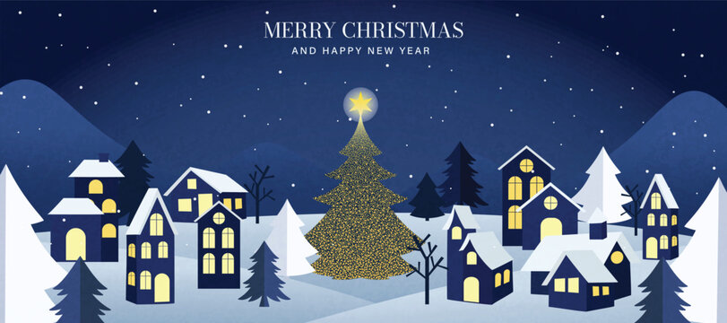 Christmas Night Winter background vector. Happy New Year season greeting with house, pine tree, reindeer and snowfall. Background design for invitation, cards, social post, cover, sale banner, ads.