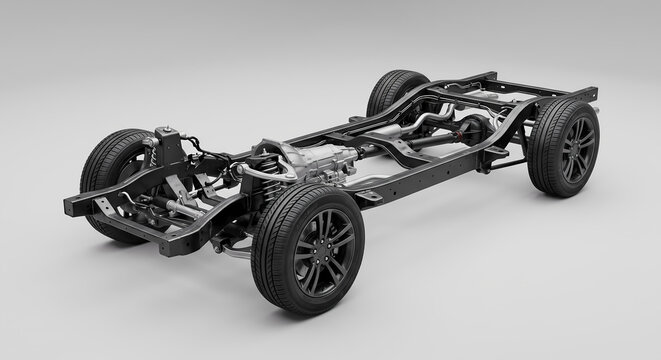 Automotive Vehicle Chassis Frame With Wheels And Suspension Isolated On White Background