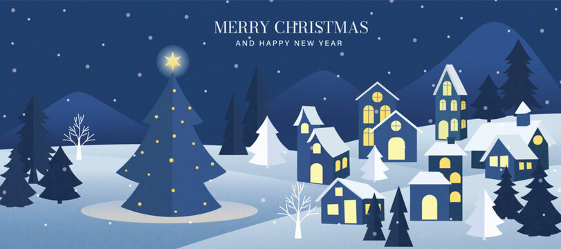 Christmas Night Winter background vector. Happy New Year season greeting with house, pine tree, reindeer and snowfall. Background design for invitation, cards, social post, cover, sale banner, ads.