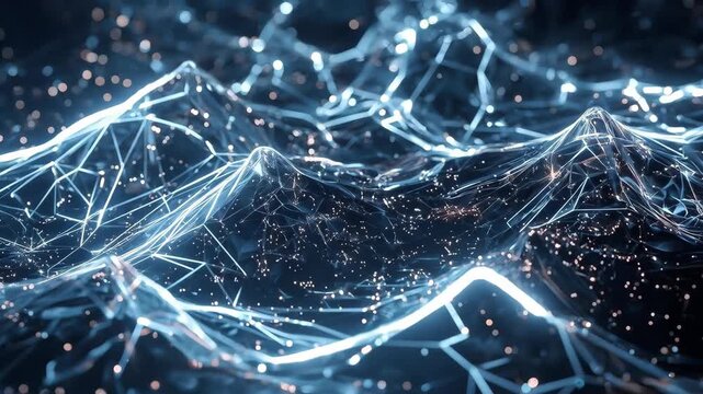 Digital Network Mountain Landscape with Glowing Blue Geometry, Connected Lines, and Floating