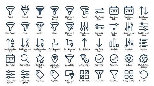 Minimalist UI icon set for data filtering and sorting. Collection of 50 outline icons for web interface design. Professional dashboard navigation symbols.