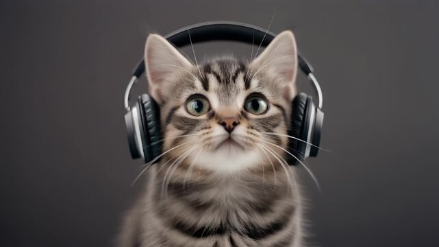 A Tabby Kitten Enjoys Music Through Headphones, Presented in a Triptych.