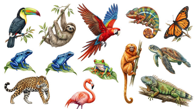 Watercolor tropical animals collection, exotic jungle wildlife set with parrot and sloth, vibrant rainforest fauna illustrations on white