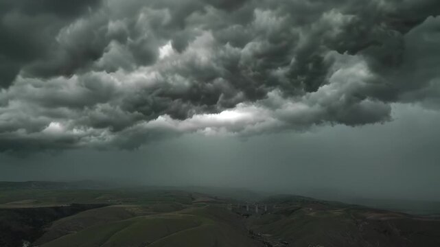 Dramatic Storm Clouds Rolling Over Green Rolling Hills in Rural Landscape