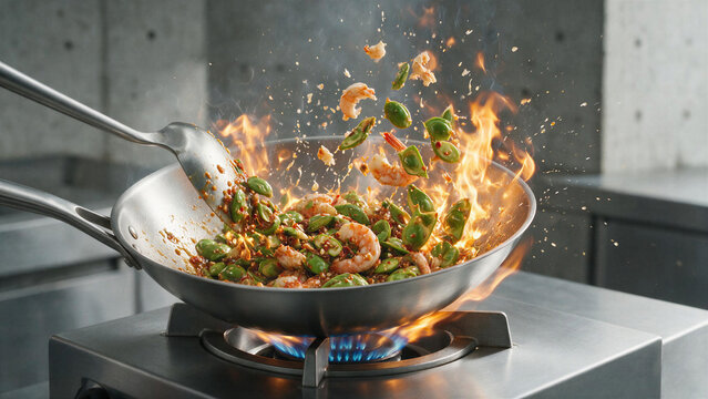 Thai stir-fried shrimp with bitter, aromatic stink beans, chili, garlic, and savory sauce, fried in a traditional iron wok with a soup ladle, evoking an authentic Thai kitchen.