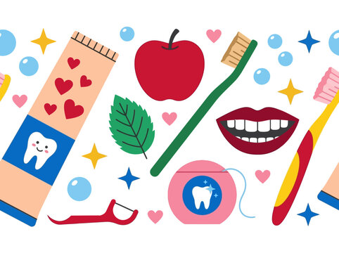 Seamless Dental Care Pattern with Oral Hygiene Icons: Toothbrush, Toothpaste, Floss, and Healthy Smile