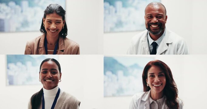 Face, montage and smile with people in healthcare industry for about us, development or trust. Hospital, support and wellness with friendly doctors in medical workplace for advice or consulting
