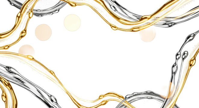 abstract macro shot featuring kinetic, elegant streams of polished 24k gold and silver chrome liquid light with sparkling glitter and soft amber bokeh against a minimal gray backdrop. concept for