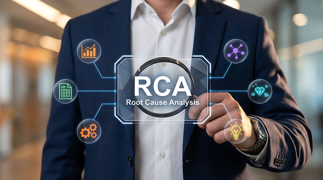 Businessman holding a digital graphic screen with root cause analysis RCA