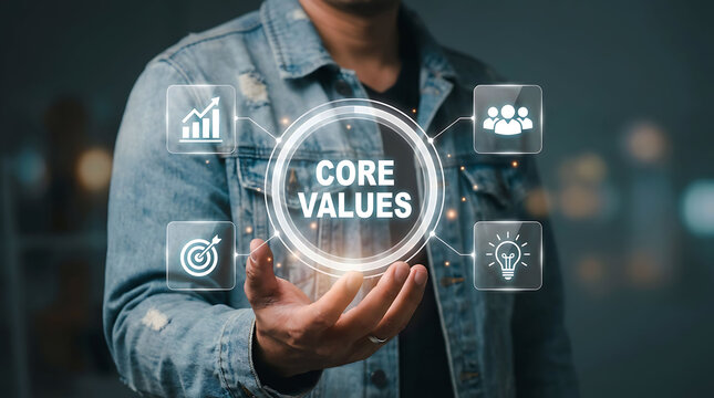Businessman holding futuristic digital interface with core values concept