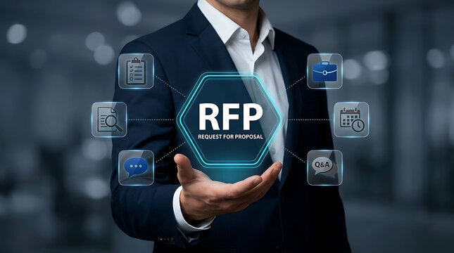 Businessman holding glowing digital RFP Request for Proposal interface screen