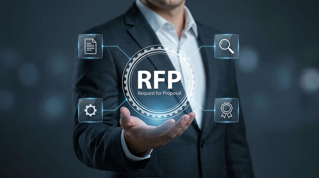 Businessman holding glowing digital RFP request for proposal hologram interface