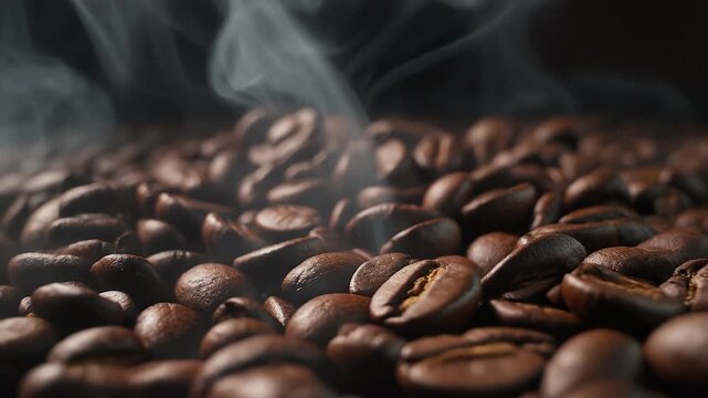 A close-up, triple-panel view of dark roasted coffee beans with wisps of steam rising.