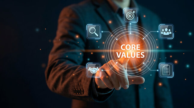 Businessman touching a glowing digital screen with core values graphic concept