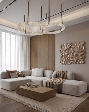 Refined contemporary living room with large sectional sofa, sculptural chandelier, textured wall art, warm wood accents and neutral tones in a luxury apartment.
