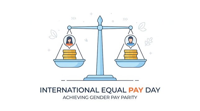 International equal pay day concept with gold coins and male and female icons on balance scales representing gender pay parity