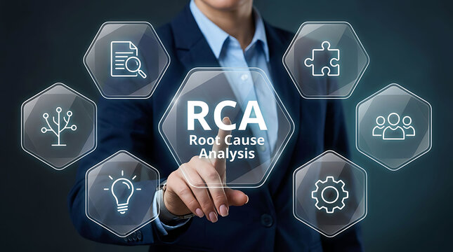 Businesswoman interacting with a digital interface for root cause analysis RCA