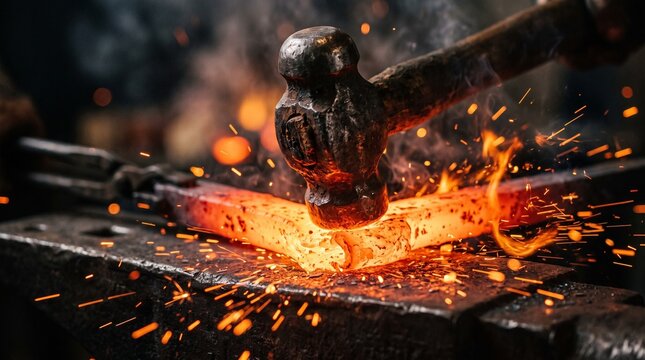 Blacksmith hammering glowing metal in workshop with sparks flying  