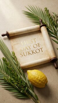 First day of sukkot greeting card with a traditional scroll and etrog fruit on green palm leaves