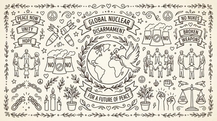 Obraz premium Global nuclear disarmament and world peace concept with hand drawn illustrations and typography