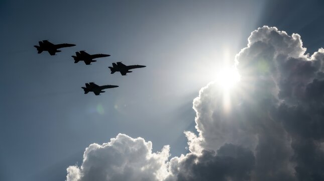 Four military jet planes flying in formation against a bright sunny sky with fluffy clouds