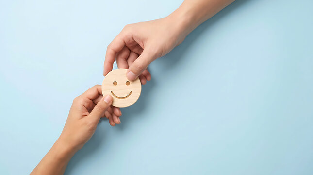 Two hands passing a wooden smiling face token on light blue background