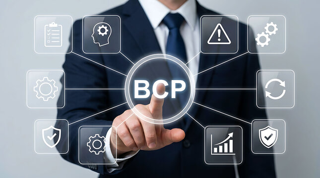 Businessman interacting with digital BCP business continuity plan infographic