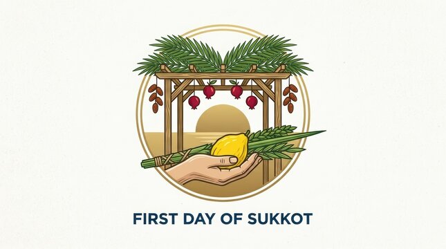 First day of sukkot celebration illustration with hand holding lulav and etrog under a traditional sukkah booth