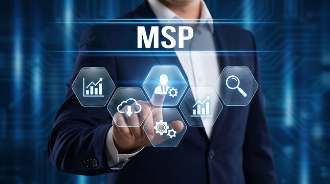 Businessman pressing virtual MSP button on futuristic digital interface screen