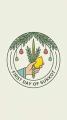 Fototapeta premium First day of sukkot celebration emblem with a hand holding a yellow etrog fruit and lulav branches in a circular badge design