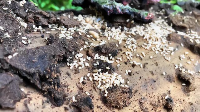 Macro view of an ant colony protecting white brood eggs and larvae inside a decaying log.