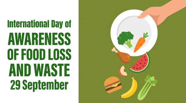 International day of awareness of food loss and waste on 29 september illustration with falling food from a plate