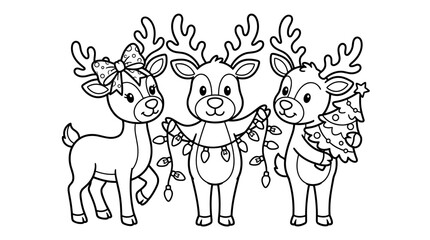 Fototapeta premium Three cute cartoon reindeer with festive lights and a Christmas tree, isolated on white, perfect for holiday coloring pages.