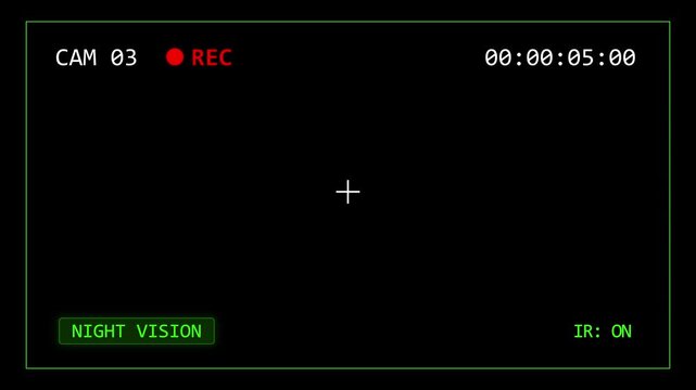 CCTV surveillance Night vision camera cam 3 recording interface with green HUD elements, REC indicator, timecode and infrared status display on a black background.