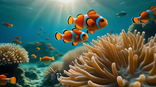 Brightly colored clownfish swim among vibrant anemones in a sunlit coral reef.