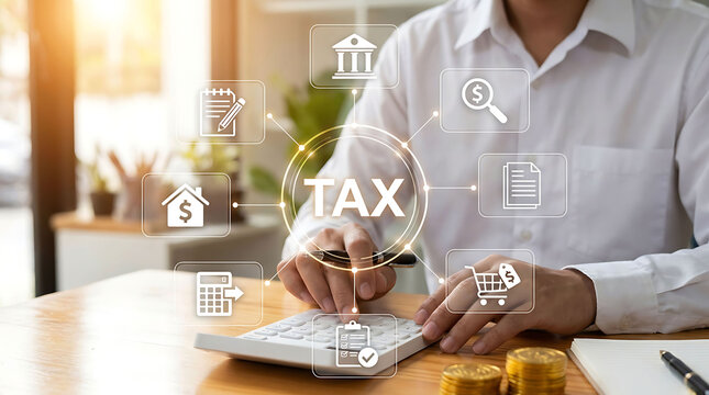 Professional accountant calculating financial taxes with modern icons and digital UI