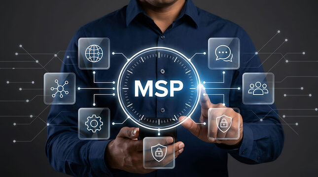 Professional man touching MSP digital futuristic dashboard interface technology
