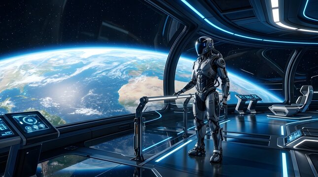 Futuristic robot looking at earth from a spaceship window
