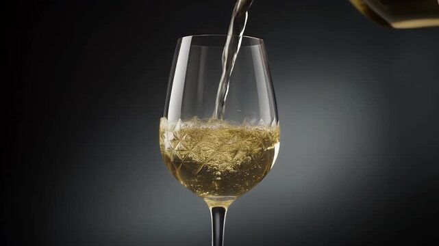 Pouring golden liquid into a crystal glass creating bubbles.