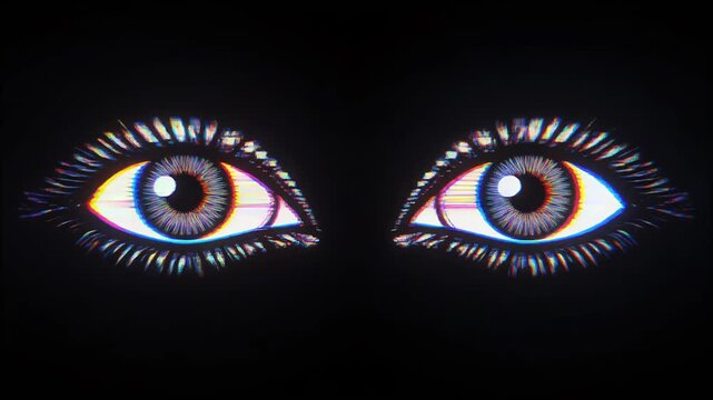 A triptych of stylized eyes with vibrant, glitchy digital effects.