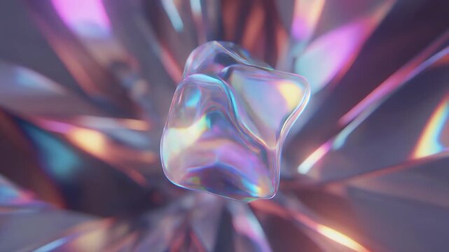 Abstract iridescent amorphous blob with prismatic light reflections.