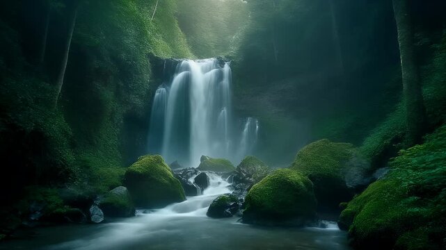 Serene waterfall cascading through a mossy green forest.