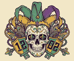 Mardi Gras jester skull illustration with fleur de lis and carnival beads in vintage style © Heyuu Art