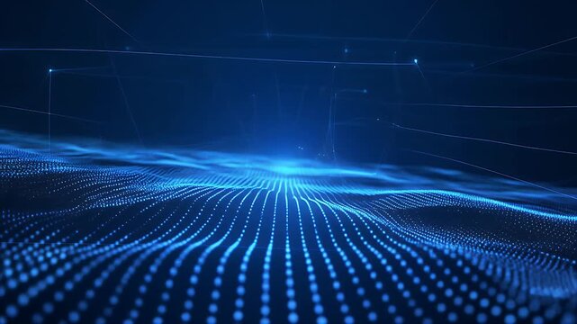 Abstract digital landscape with glowing blue particles and lines.