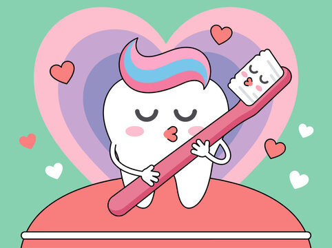 Cute Kawaii Tooth Hugging Toothbrush with Heart Background