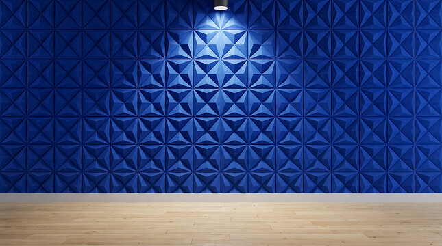 Modern blue 3d geometric wall panel illuminated by a spotlight in an empty room interior